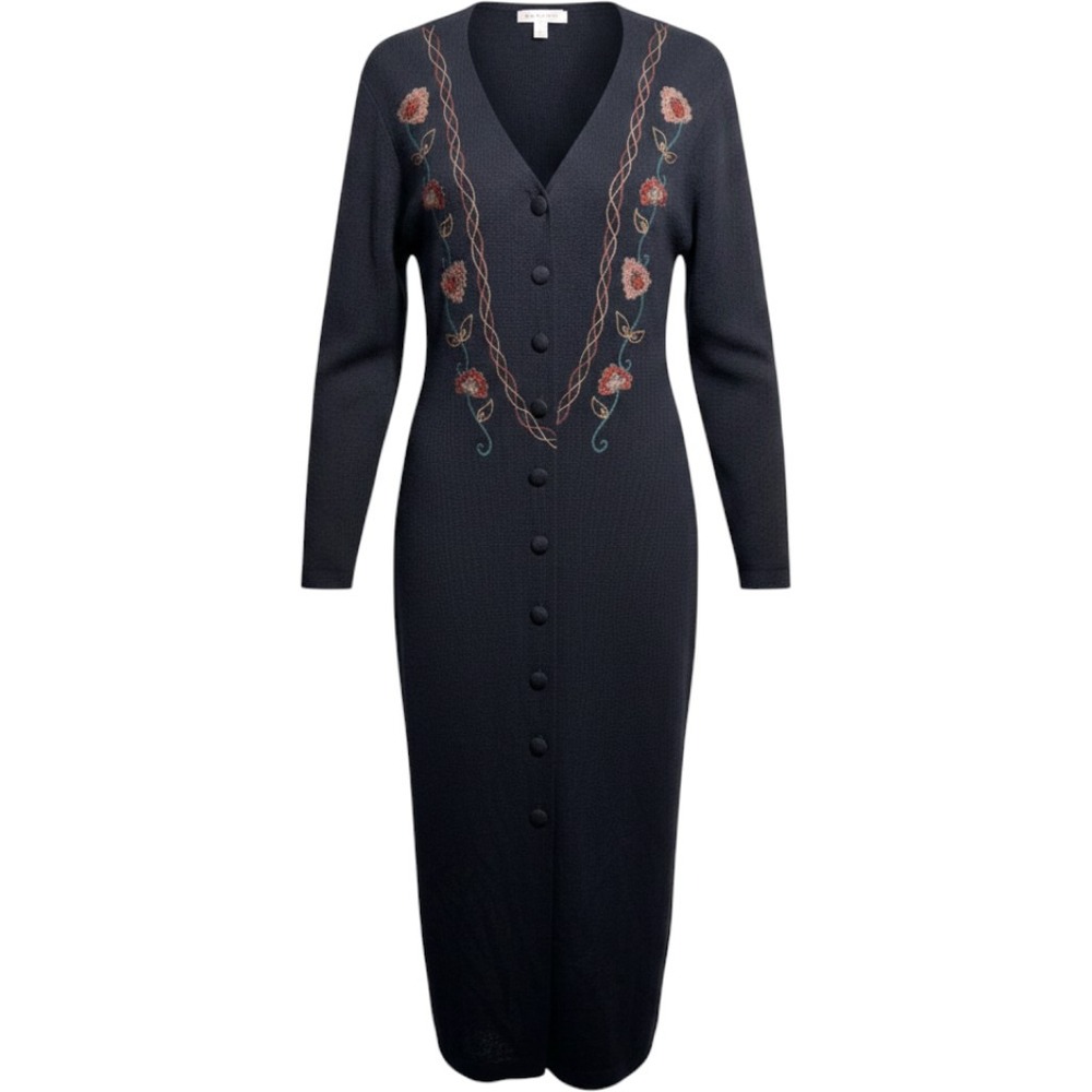 Karin Stevens Vintage Black Knit Maxi Dress Floral Embroidery Wool Blend Medium